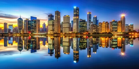 Illuminated skyline of a modern cityscape with reflective skyscrapers at dusk, urban, city lights, architecture, buildings