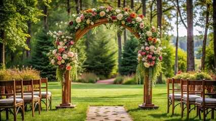 A beautiful outdoor wedding ceremony with a rustic archway and floral decorations, wedding, celebration, marriage, union, love