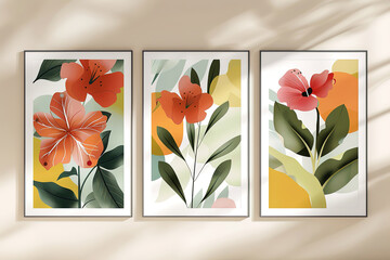 Set of three posters with abstract floral backgrounds 