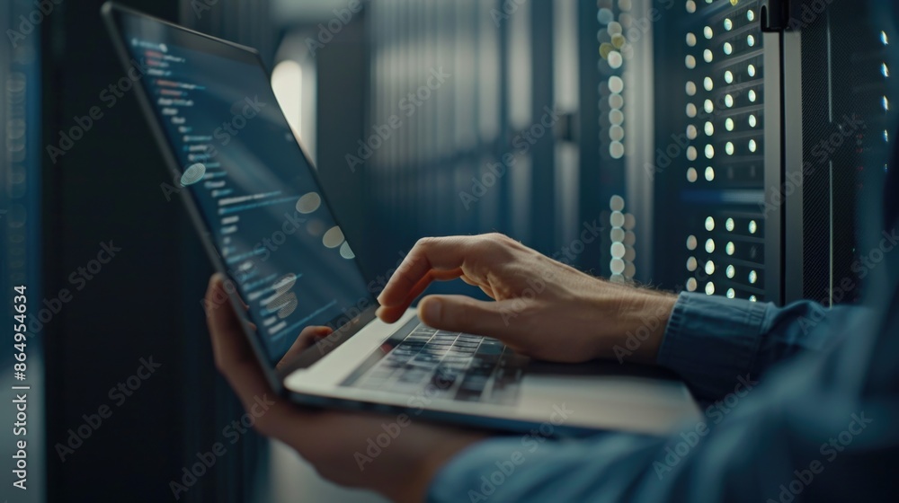 Poster a person works on a laptop in a server room with rows of servers and equipment