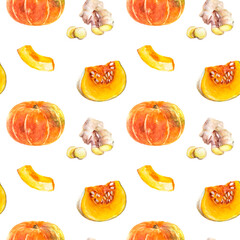 Pattern of pumpkins, ginger, garlic on white background for agriculture, culinary, seasonal themes
