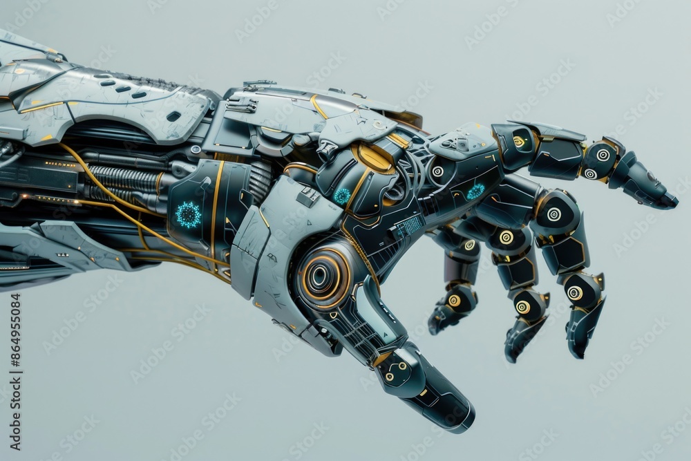 Poster a detailed view of a robotic hand with mechanical fingers and metallic body