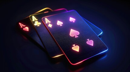 3d playing cards with holographic colors glowing,black background