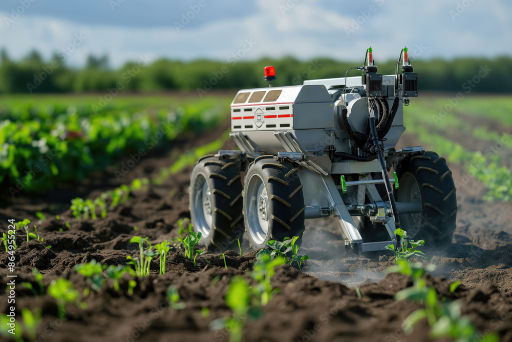 Poster robotic automation in agriculture. close-up of an autonomous robot working in a field of young crops
