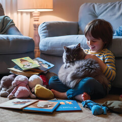 A boy with a cat smiling and playing