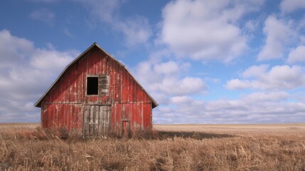 Obraz premium A classic rural scene with a red barn surrounded by greenery and a bright blue sky