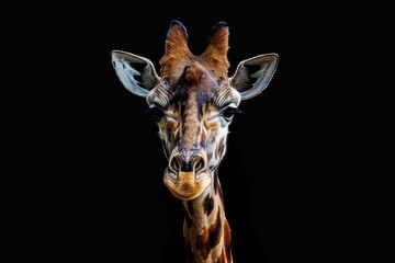 Naklejka premium Close-up shot of a giraffe's face against a black background, ideal for uses where you want to focus attention on the animal's features