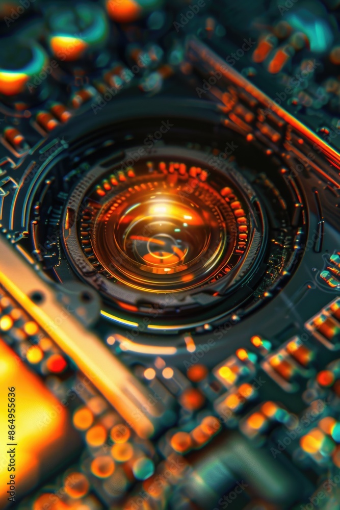 Leinwandbilder A close-up view of a camera lens on a computer motherboard, suitable for use in technology and electronics-related contexts