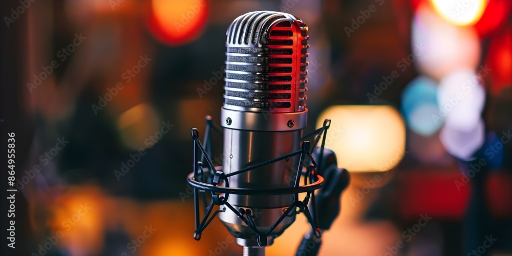 Poster studio setup side view of radio microphone with blurred background and copy space. concept photograp