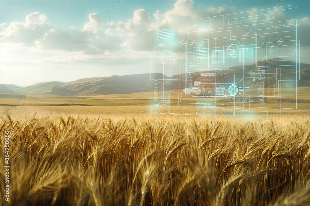 Poster golden wheat field with virtual holographic data interface. concept of digital agriculture and smart