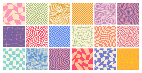 Groovy checkered pattern, colorful distorted tiled grid. Vintage wavy curved backdrop, distortion effect. Funky geometric chessboard texture, retro background in 90s style, y2k. Vector illustration