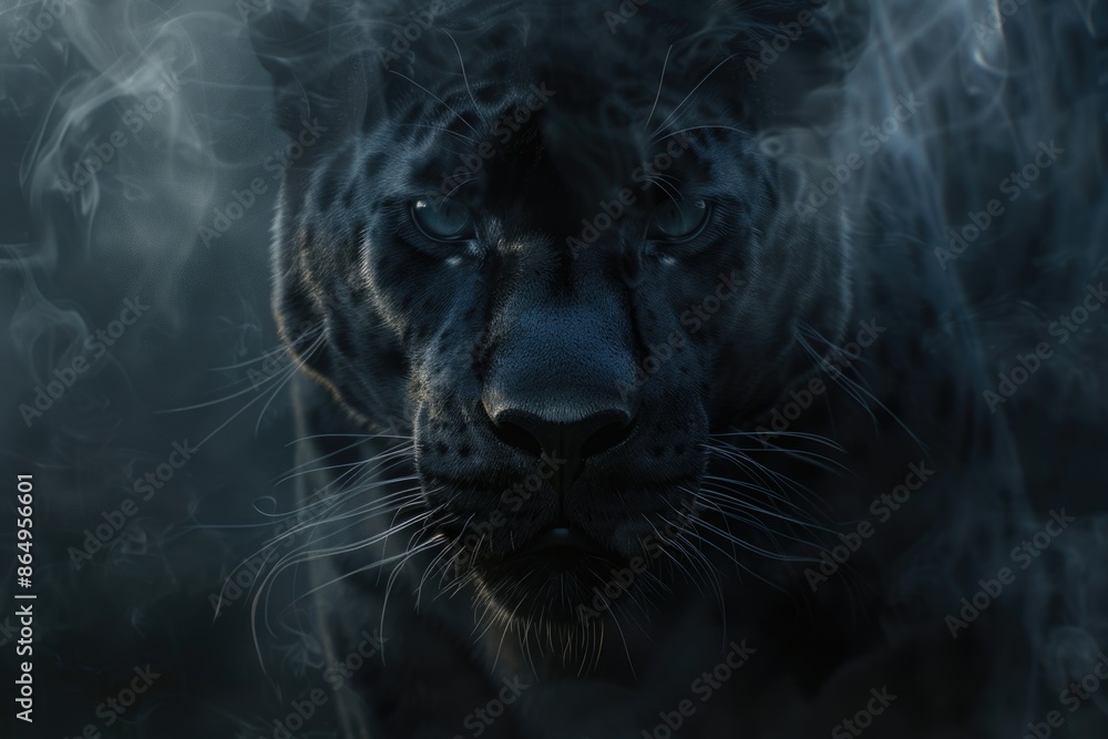 Poster a close-up shot of a leopard's face with smoke emitting from its mouth, perfect for illustrating con