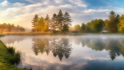 Morning mist over a pond with reflections of trees in the water