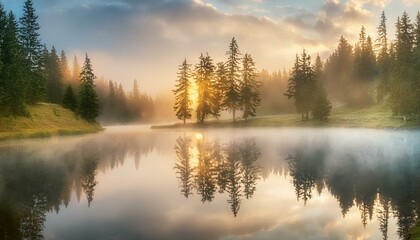 Obraz premium Morning mist over a pond with reflections of trees in the water