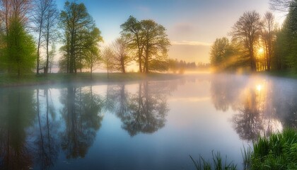 Fototapeta premium Morning mist over a pond with reflections of trees in the water