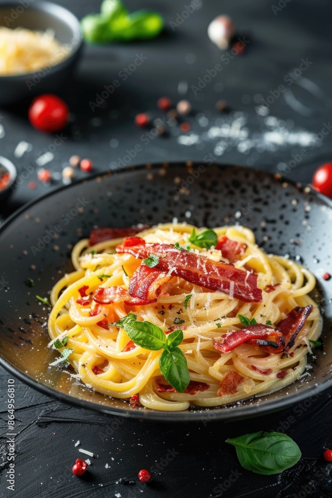 Sticker A plate of spaghetti served with crispy bacon and juicy tomatoes, perfect for a satisfying meal