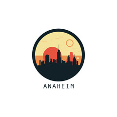 Fototapeta premium Anaheim skyline, downtown panorama logo, logotype. USA, California state round badge contour, isolated vector vintage pictogram with monuments, landmarks
