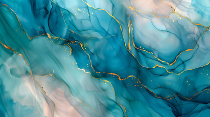 abstract pastel cyan mint liquid marble golden lines background,green liquid watercolor background,generative ai