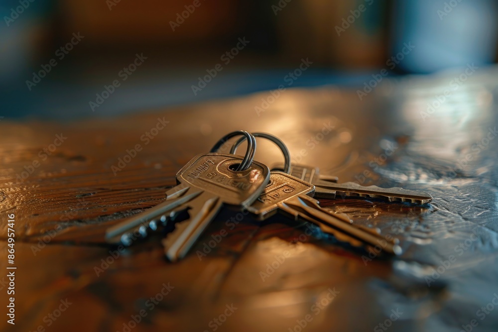 Aufkleber a collection of keys placed on a wooden surface, ideal for use in illustrations, presentations, or a