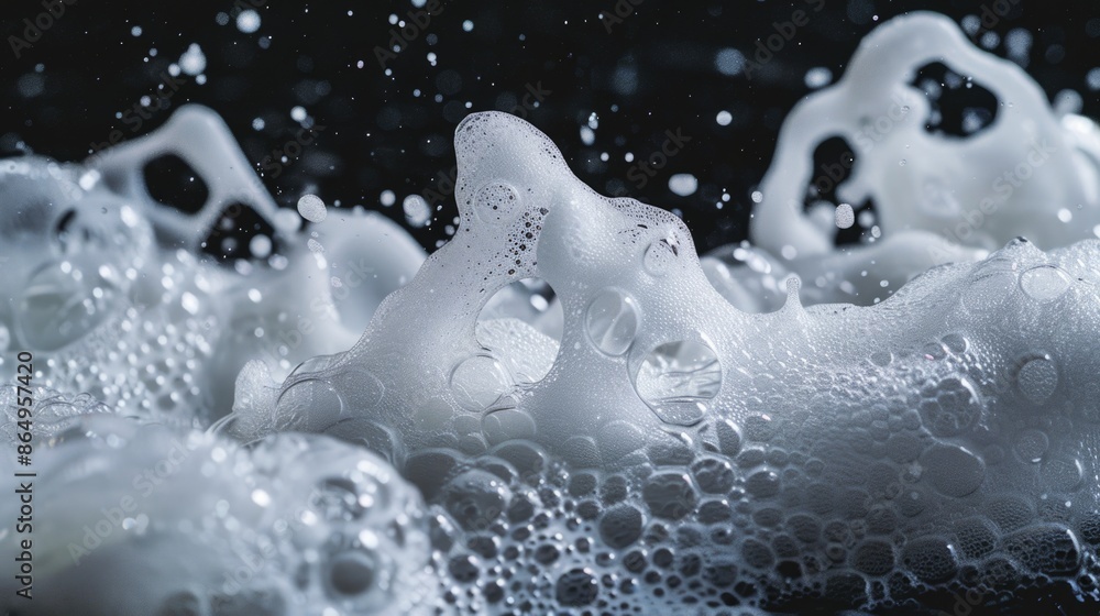 Poster a close-up shot of a foamy surface with numerous bubbles, suitable for use in scientific or educatio