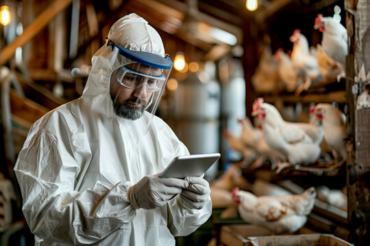 A biosecurity specialist wearing protective gear, including a full-body suit, gloves, face shield, and goggles, uses a digital tablet to monitor conditions in a poultry farm.