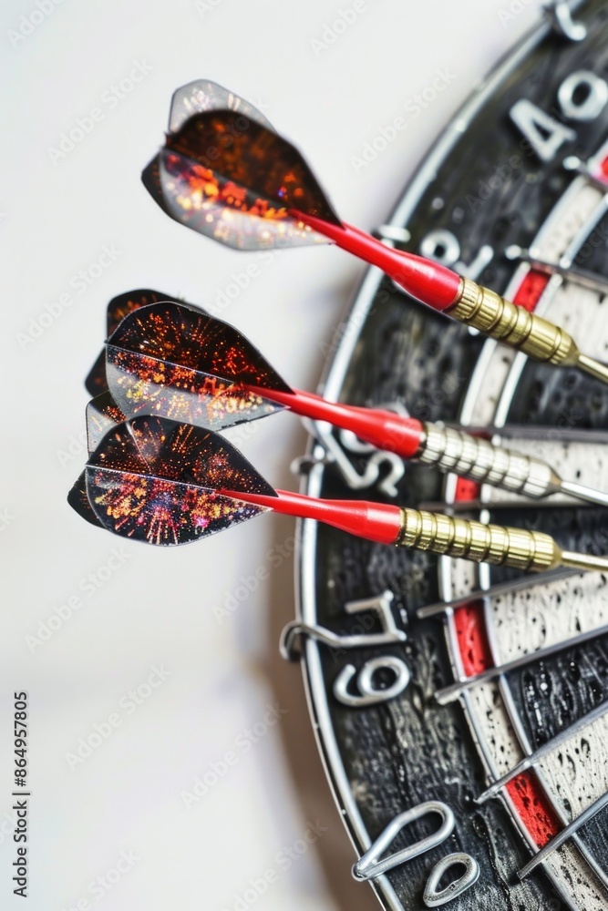 Poster A detailed view of three darts placed inside a bullseye, perfect for designs related to accuracy and target practice