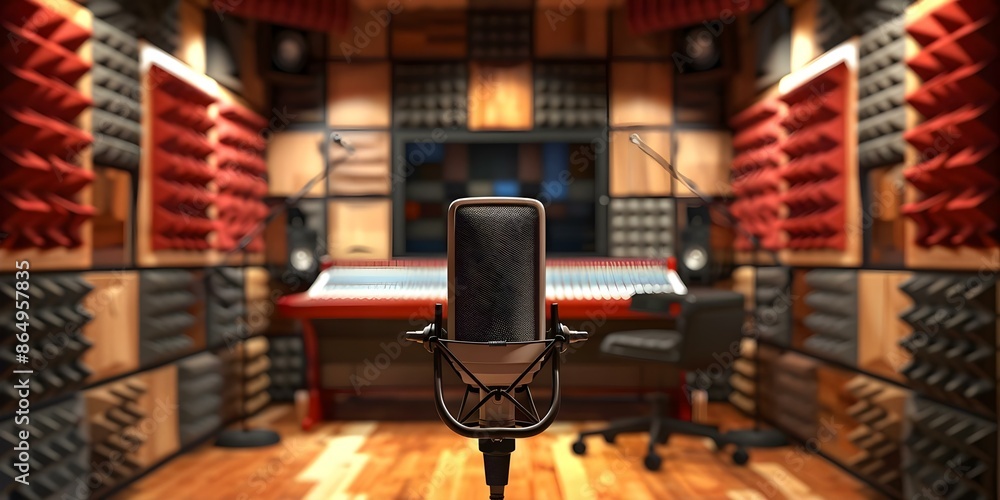 Poster visualization of a contemporary 3d model of an unoccupied professional recording studio with voiceov