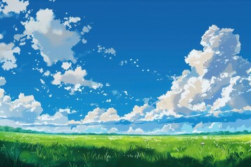 Obraz premium Beautiful vibrant blue sky with fluffy white clouds above green field. Calm summer landscape.