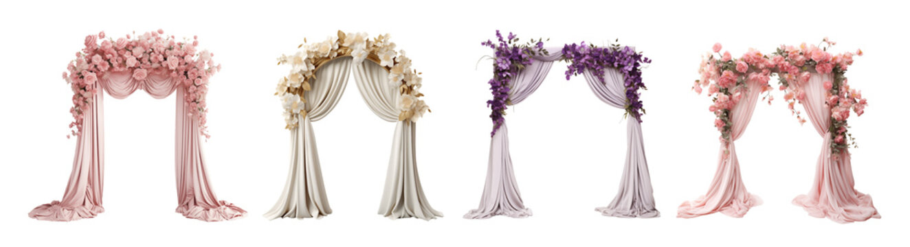 Set of wedding arch with beautiful flowers isolated on transparent background