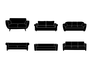 Set of Sofa Silhouette in various poses isolated on white background