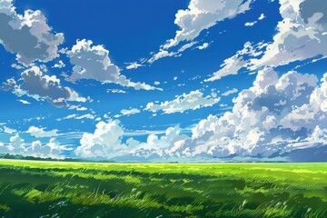 Obraz premium Beautiful landscape of a green meadow with a blue sky and white clouds. Pastoral scenery in a field on a sunny summer day.