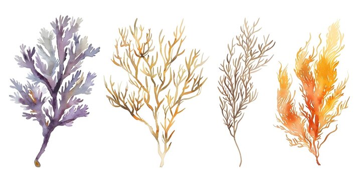 Coastal Watercolor Clipart Set featuring Dulse Coral and Sea Moss Branches. Concept Watercolor Art, Coastal Theme, Clipart Set, Dulse Coral, Sea Moss Branches