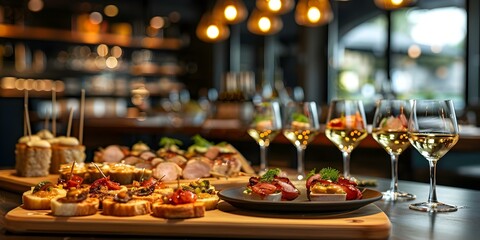 Elegant restaurant table with assorted tapas canapes dim lighting romantic ambiance. Concept Fine Dining, Gourmet Food, Romantic Setting, Candlelit Dinner, Culinary Experience