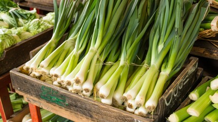 Obraz premium Fresh leeks and vegetables at farmers market display