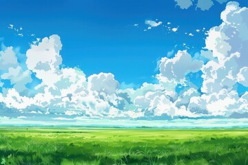Obraz premium Stunning digital illustration of a vast green field under a clear blue sky with fluffy white clouds. Perfect for themes of nature, peace, and tranquility.