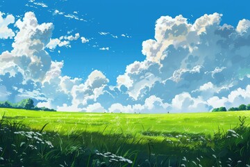 Fototapeta premium Beautiful summer meadow with blue sky, fluffy clouds and green grass. Illustration of picturesque landscape with copy space.