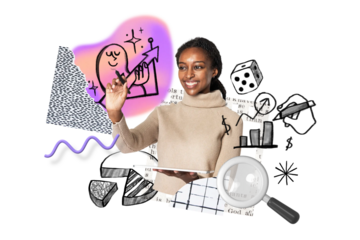 Business analyst woman png, doodle remix, transparent background