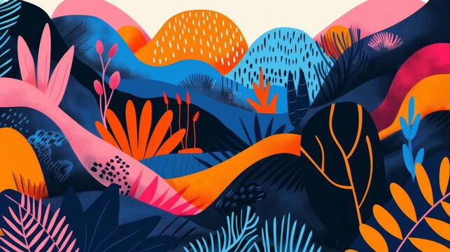 closeup flat design of A dynamic landscape with abstract shapes and  colors Use a mix of deep blues, bright pinks, and oranges for a lively effect