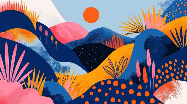 closeup flat design of A dynamic landscape with abstract shapes and  colors Use a mix of deep blues, bright pinks, and oranges for a lively effect