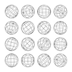 Wireframe shapes, lined sphere. Perspective mesh, 3d grid. Low poly geometric elements. Retro futuristic design elements, y2k, vaporwave and synthwave style. Vector illustration