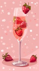 A flat-style illustration of a champagne flute filled with sparkling rose and strawberries on a light pink background