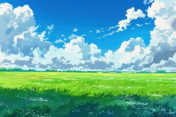 Obraz premium Stunning green meadow with blue sky and fluffy white clouds, beautiful nature landscape background for peaceful and serene scenes