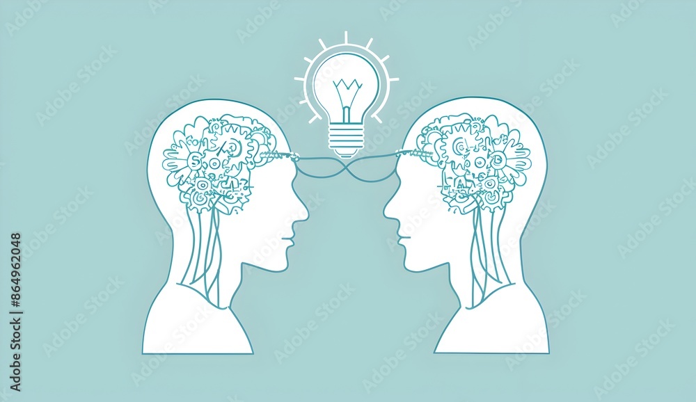 Poster two simple light blue human heads connected by wires with gears inside each. an idea bulb is above t