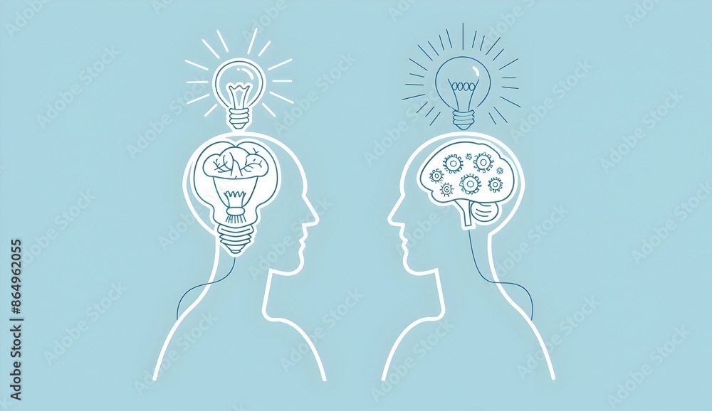 Poster two simple light blue human heads connected by wires with gears inside each. an idea bulb is above t