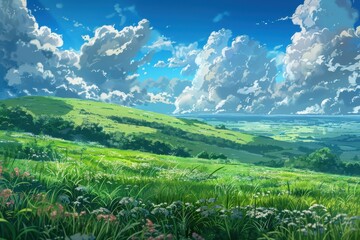 Beautiful green meadow with lush grass and wildflowers in the foreground, overlooking a rolling valley with fluffy white clouds in a vibrant blue sky. Landscape painting artwork.