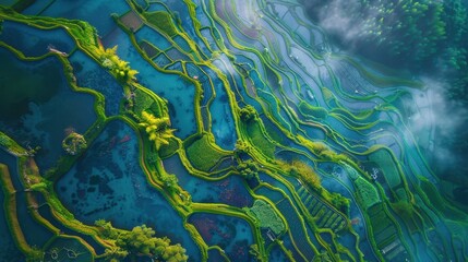 Aerial view of vibrant green rice terraces with water
