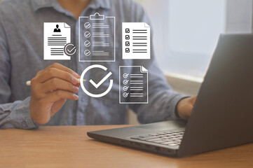 Business performance checklist, human resources, and productivity evaluation concept, online survey, online exam