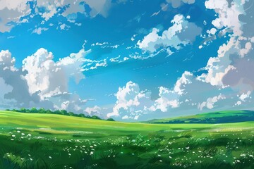 Obraz premium Beautiful landscape with bright blue sky, fluffy white clouds, rolling green hills and green grass field
