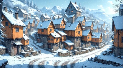 Cartoon style llustration of a snowy village in the mountains. 2