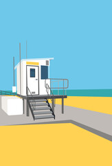 A beach scene featuring a lifeguard hut with blue sky and turquoise sea